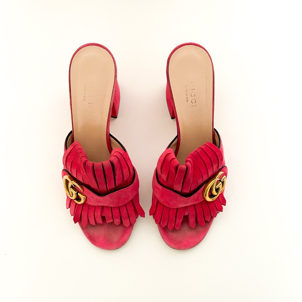 Gucci Marmont GG Logo Hot Pink Red Suede Fringed High Heeled Mules Slides 37.5 - Picture 3 of 12